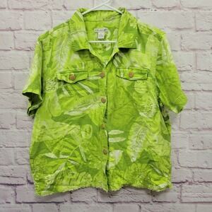 CA Sport Linen Blend Tropical Lime Green Shirt‎ Women L Vacation Resort Cottage